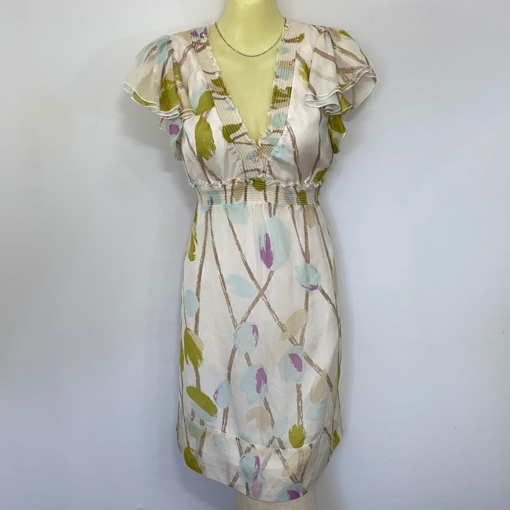 BCBG MAXAZRIA Dress Silk Ruffle Light Floral Midi Excellent Sz Sm